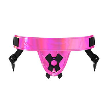 Close-up view of the glossy pink Mina Lustre Strap-On Harness, showcasing its bullet pocket and compatibility with various dildos.
